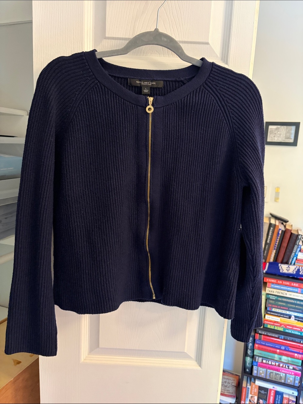 Marc New York Navy Ribbed Zip Cardigan with Gold-Tone Hardware